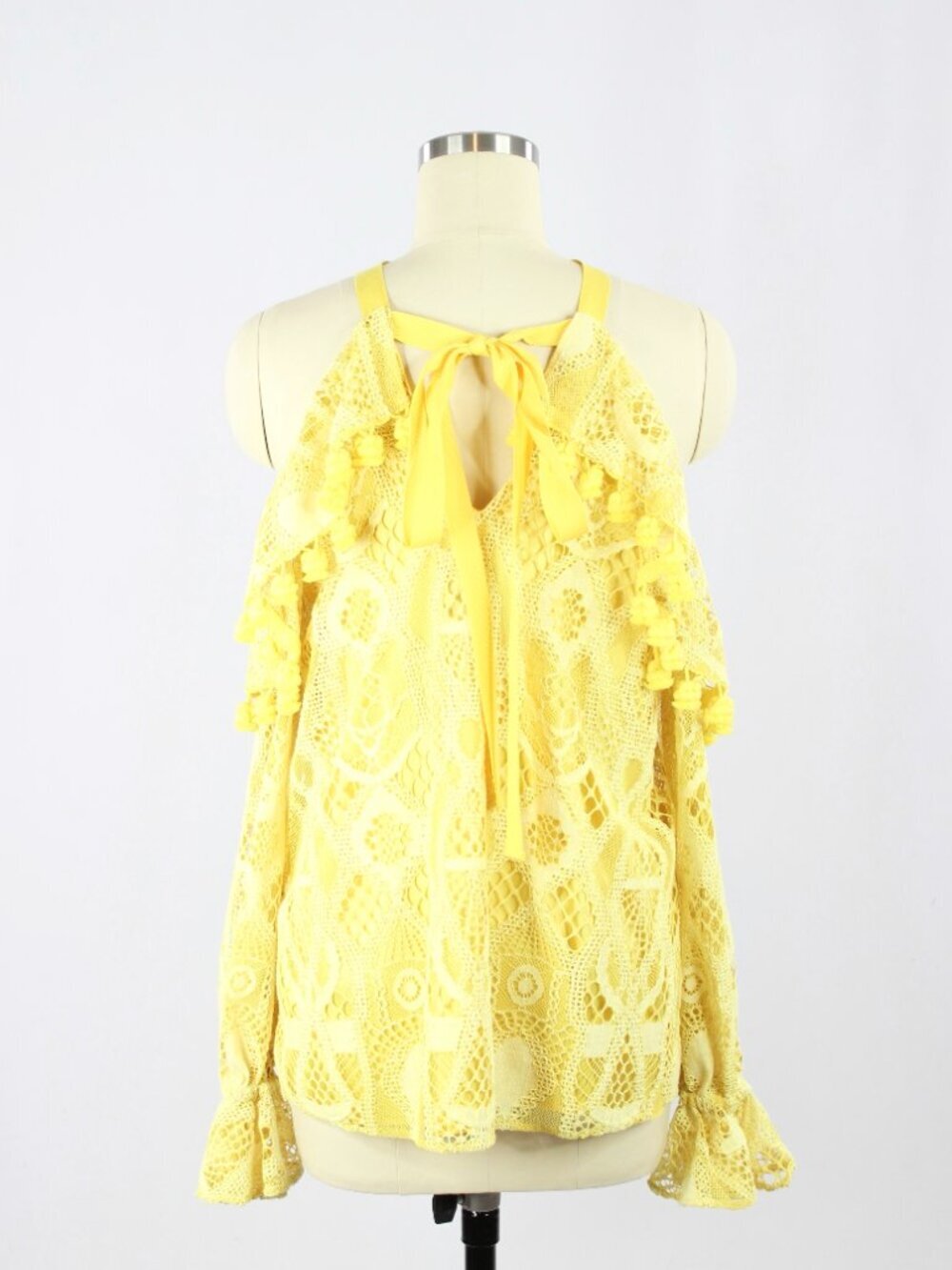 ALEXIS Adriana Yellow Lace Pom Pom Ruffle Cold Shoulder Tie Blouse, Size XS - Picture 7 of 15